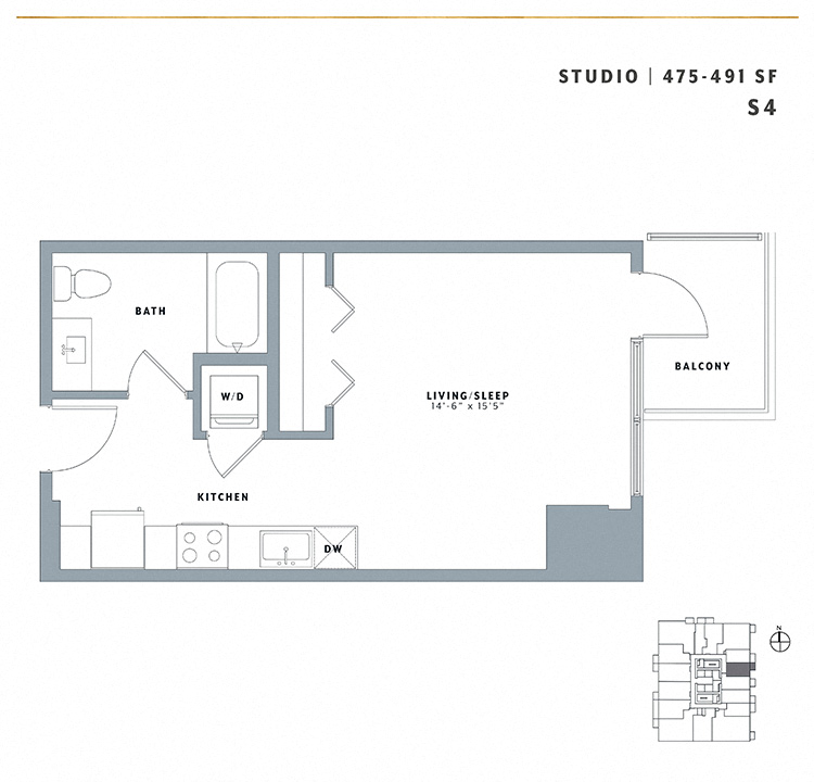 Floor plan for studio, 1 bath, 491 sqft
